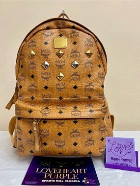 MCM Cognac Visetos Monogram Studded Backpack Panel